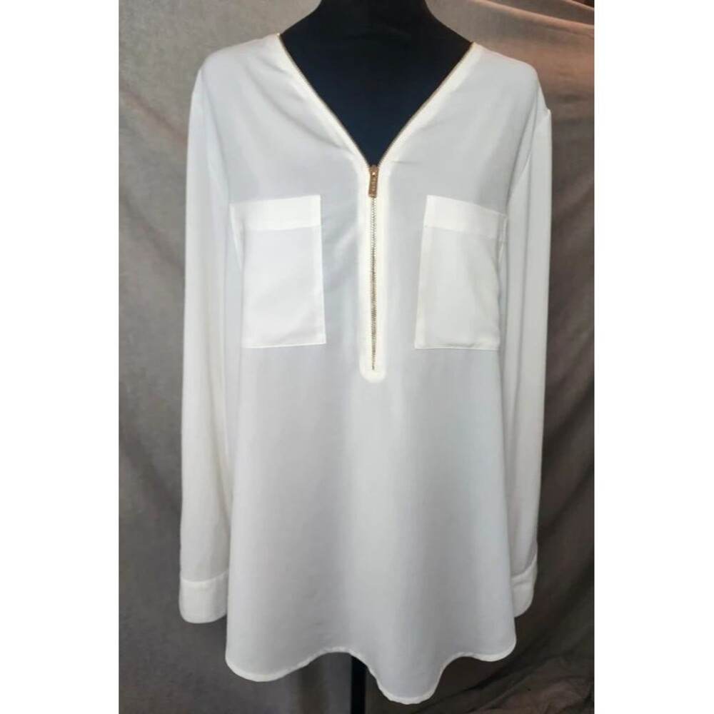 Calvin Klein Sz L White Roll-Tab Sleeve V Neck Gold Zip Blouse